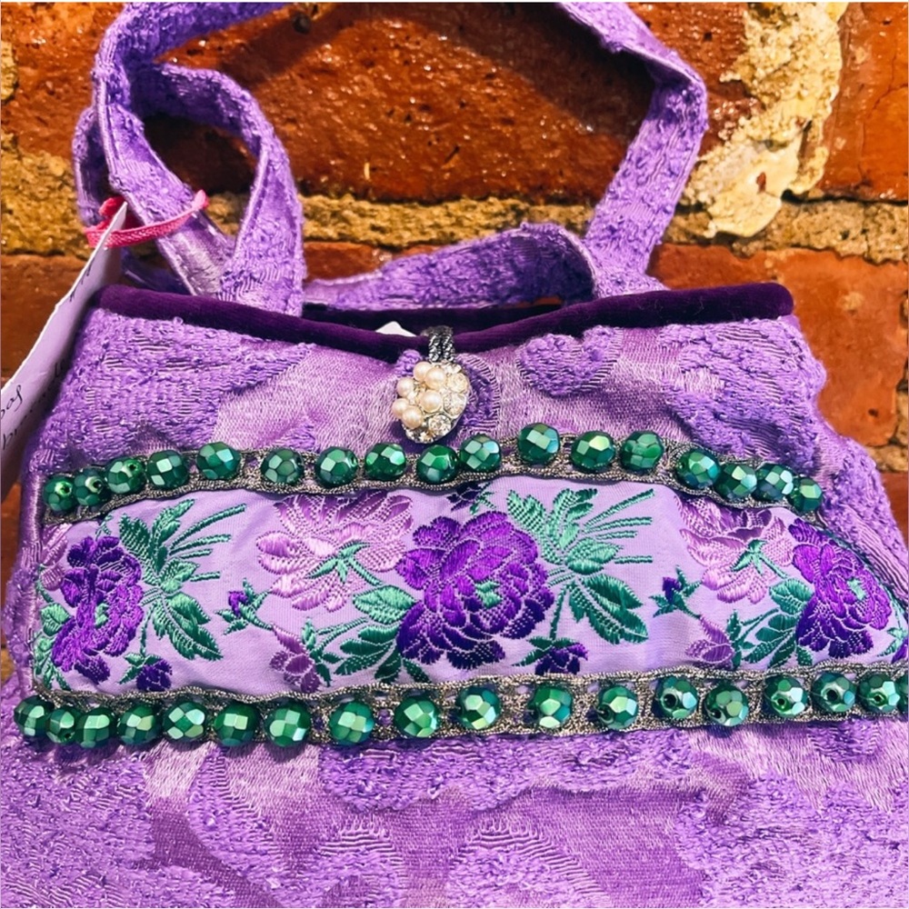 Purple and Green Floral Clutch with Textured Fabric